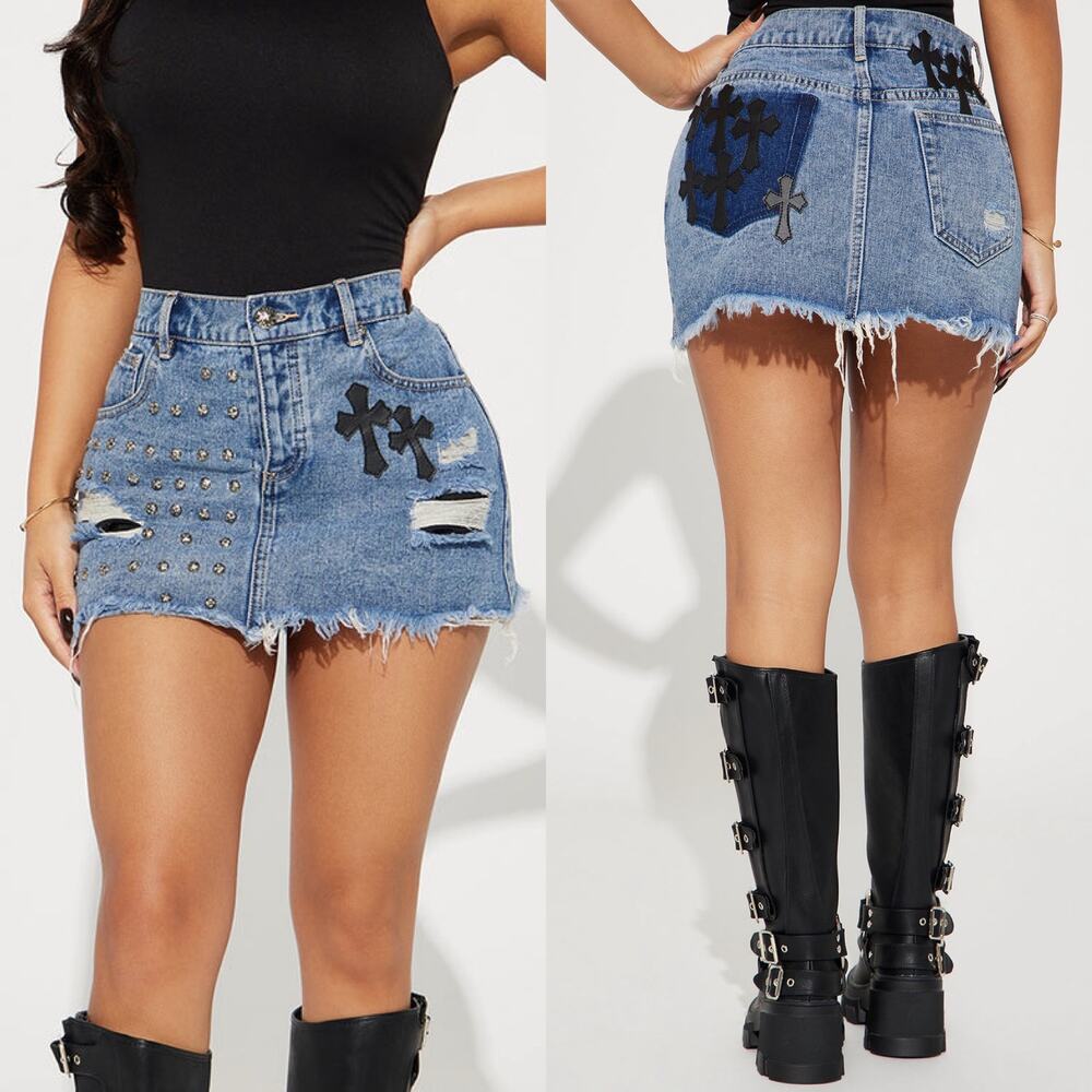 Fashion Nova Rock With You Mini Skirt in Medium Blue Wash